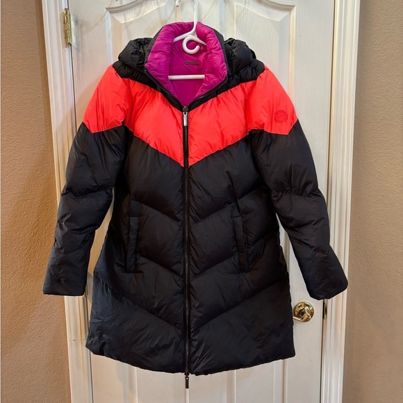 Armani Exchange Women’s Black/Orange/Pink Reversible Winter Puffer Long Coat, XL - Picture 1 of 15